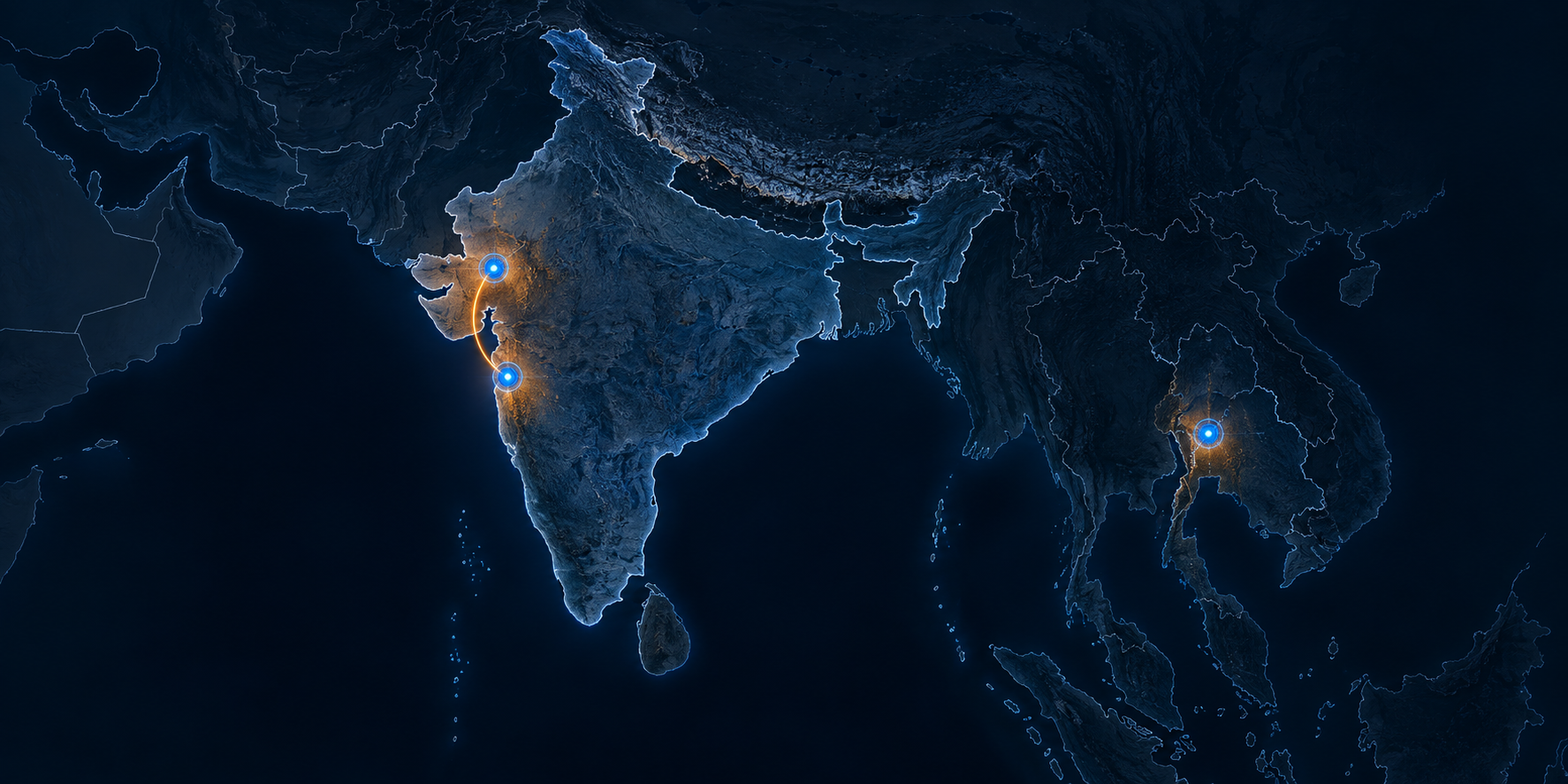 India journey map with Ahmedabad, Khopoli and Thailand hotspots